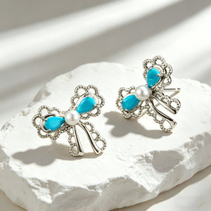 French Style <b>Turquoise</b> Blue Teardrop Bow Pearl <b>Stud</b> <b>Earrings</b> With S925 Silver Posts For Everyday Wear - Product Image 4