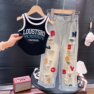 Set Casual primavera estate di <span class=keywords><strong>moda</strong></span> per <span class=keywords><strong>ragazze</strong></span> gilet con lettere ricamate Jeans strappati Set di abbigliamento per bambini - Product Image 2