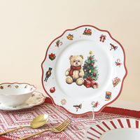 Service de table en céramique Ours de Noël, assiette rayée à bord doré, bol à dessert, tasse, vaisselle, cadeau