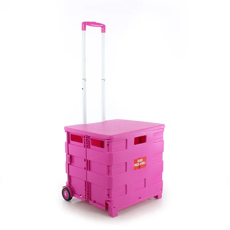 Carrello della spesa pieghevole in plastica a spinta manuale rosa di vendita calda con coperchi