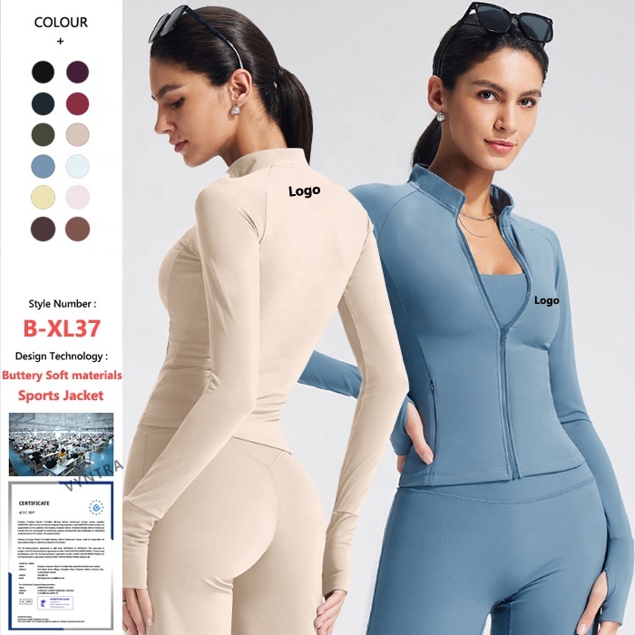 Custom Full Zipper Long Sleeve Fitness Workout Running Slim Fit Women Yoga Gym Wear Top Sports Jacket With Thumb Hole Pocket