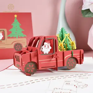 2024 Père Noël 3D avec arbre de Noël dans un camion rouge Pop Up Carte de voeux de Noël