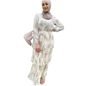 Turkey Hot Selling Elegant Women Pleated Floral Print Muslim Dress Lace Up Ruffles V Neck Long Sleeve Abaya