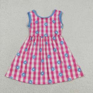 Vestido de Verano para Niña GSD4007, Color Rosa y Blanco a Cuadros con Estampado de Flores Azules, Sin Mangas, Transpirable, Hasta la Rodilla, Venta al Por Mayor - Product Image 1