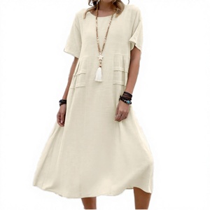 Robe longue ample bohème d'été pour femme, col rond, manches courtes, en polyester et coton écologique, taille naturelle, respirante, avec poches et ourlet évasé - Product Image 3