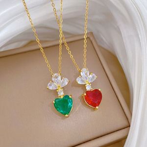 Vintage Green Red Heart Crystal Pendant Necklace for Women Classic Stainless Steel <b>Chain</b> Party Daily Accessories Jewelry Gifts - Product Image 1