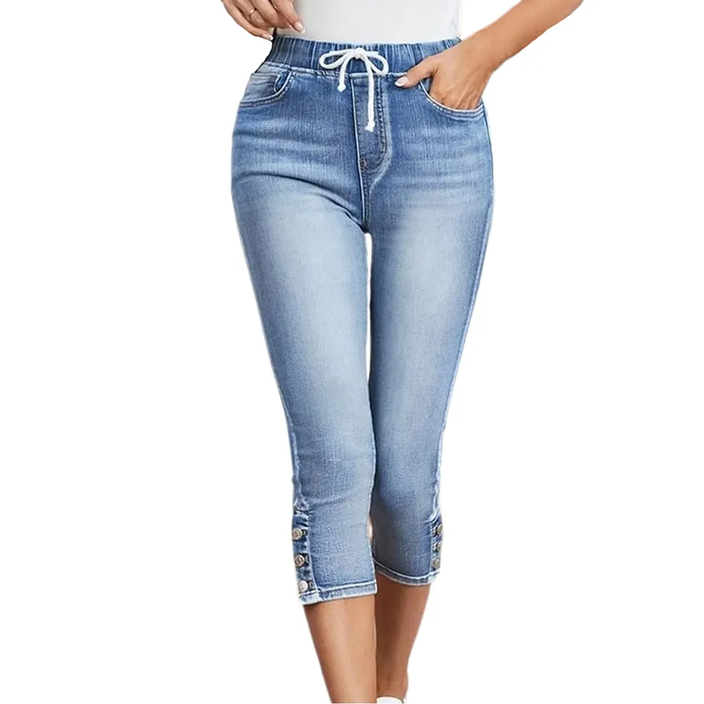 थोक डेनिम Capri पैंट लोचदार उच्च कमर महिलाओं पतला फसली जीन्स