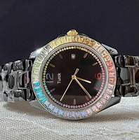 Montre de luxe pour femme COACHSE, avec cristaux colorés brillants, bracelet en céramique, mouvement à quartz, cadran à aiguilles, accents de diamants, verre minéral