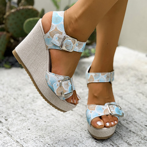 Women Platform Wedge Sandals Wholesale Summer European and American Style Belt Buckle Printed Peep Toe Sandals - Product Image 3