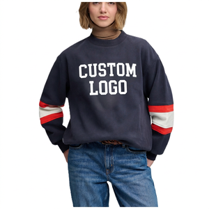 <b>Women's</b> Winter Navy Crewneck <b>Sweatshirt</b> 3D Embroidery Custom Logo Red <b>White</b> Sleeve Stripes Front Design 100% Cotton Streetwear - Product Image 2