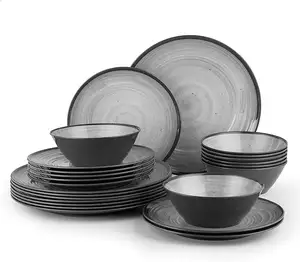 轻质实心图案24PCS三聚氰胺餐具套装，适用于8个户外盘子和碗套塑料现代 (冷灰色) 婚礼