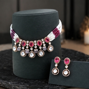 Stylish 925 <b>Silver</b> Necklace and Earrings Set with Pink and White Beads Elegant Indian Bridal Jewelry for Women - Product Image 4