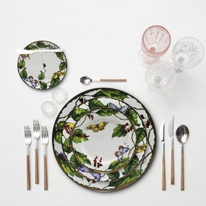 Service de vaisselle en céramique motif végétal, comprenant un bol vert et des assiettes en porcelaine haute dureté, idéal pour les mariages et les hôtels - Product Image 3
