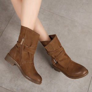 Bottes Martin mi-mollet vintage pour femme, style britannique, confortables, en cuir de vachette véritable, fourrées, zippées, respirantes, souples, pour l'hiver - Product Image 4