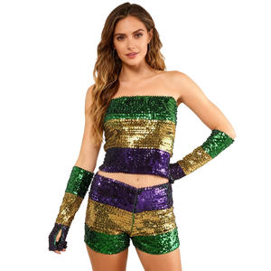 Ensemble 3 pièces pour femme : tenue de performance Mardi Gras, crop top corset élastique à rayures et paillettes, short à rayures et paillettes, et gants pour soirée - Product Image 2