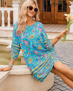 2025 été nouveau Design femmes imprimé fleuri robes mi-longues coude manches avant cravate nœud doux ample plage <span class=keywords><strong>robe</strong></span> d'été pour les vacances - Product Image 4