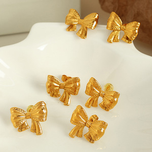 Bowknot <b>Stud</b> Earrings 18K Gold Plated <b>Titanium</b> Steel Fashionable Light Luxury High End Earrings - Product Image 1