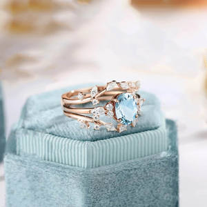 アンティークヴィンテージリーフクラスターエンハンサーリングオーバルローズアクアマリンエンゲージリングセットS925ゴールドマーチ誕生石リング - Product Image 6