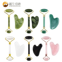 Jiwan Lejia Nouveau Style Ensemble de rouleaux de massage en jade et Gua Sha en pierre naturelle verte pour le visage, masseur double face pour le lifting du visage et du cou