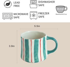 Tasses à café en porcelaine à rayures 12oz, design <span class=keywords><strong>alternant</strong></span> rouge et vert vibrant, compatibles micro-ondes et lave-vaisselle, usage quotidien - Product Image 2