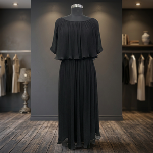 Off-The-Shoulder Pleated <b>Maxi</b> <b>Dress</b> With Cap Sleeves Loose Fit Solid Black Chiffon Casual <b>Dress</b> For All Seasons - Product Image 4