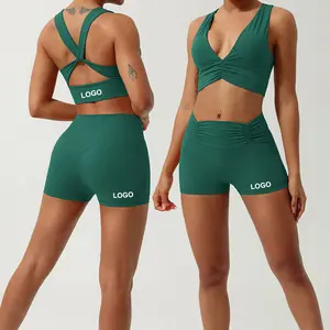 2408 Women's New Nude Yoga Set Cross Back Sports Bra Pleated Hip Lift Three-Quarter Pants Fitness Wear