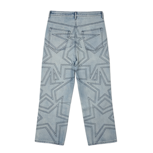 Jean baggy taille mi-haute en denim avec motifs étoiles, bleu clair délavé, coupe large, pour un style streetwear hip-hop - Product Image 4