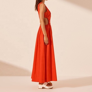 Toptan özel High End yaz giyim zarif basit tek omuz Maxi elbise bayanlar kadınlar rahat elbise 100% keten kumaş - Product Image 3