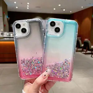 For iPhone 14 case Water Glitter Shell Liquid Quicksand Transparent four corner anti fall Glitter 12 13 11 15 phone cases trendy