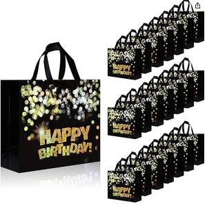 Grande <span class=keywords><strong>borsa</strong></span> regalo di compleanno riutilizzabile in tessuto Non tessuto nero con pois lucidi oro per feste di buon compleanno o uso del supermercato - Product Image 1