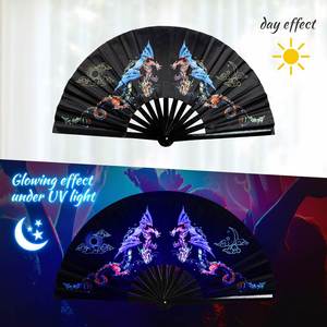 Abanico Plegable Grande Negro con Diseño Oriental de Dragón, Sol, Luna y Nubes, Abanico de Bambú para Festivales y Decoración de Fiestas - Product Image 3