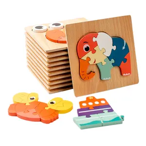 Rompecabezas de madera con animales de dibujos animados en 3D para niños, rompecabezas de geometría temprana, juguetes para niños y niñas
