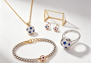 Ensemble de bijoux sur le thème du football avec pendentif ballon de football, collier, boucles d'oreilles, bracelet, bague, ton or rose et argent - Product Image 2