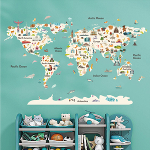 Nuovi Adesivi Murali Educativi in PVC con <span class=keywords><strong>Mappa</strong></span> <span class=keywords><strong>del</strong></span> <span class=keywords><strong>Mondo</strong></span>, Decorazioni per Camerette di Asili e Scuole Materne con Animali Cartoon - Product Image 2