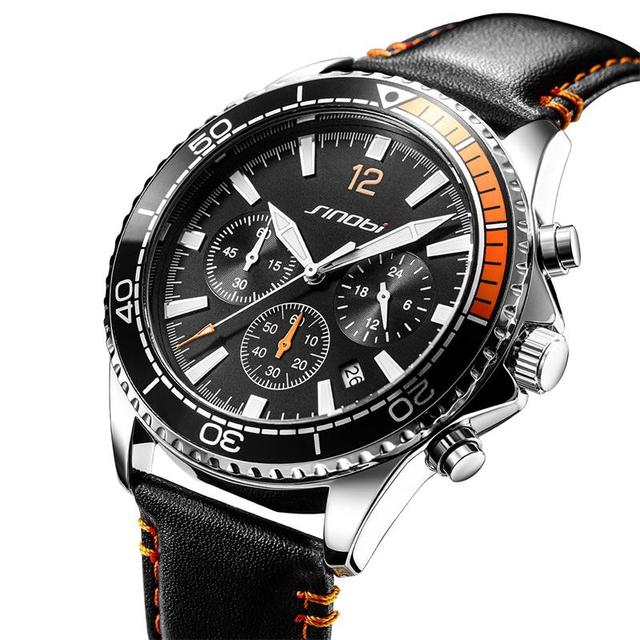 Men's Quartz Chronograph Watch Rotating Bezel Genuine Leather Strap Date Display Waterproof Luminous Sports Wristwatch