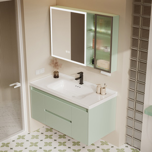 Modern wall mounted bathroom <b>vanity</b> with LED <b>mirror</b> cabinet and storage drawers thermo-bent - Product Image 2