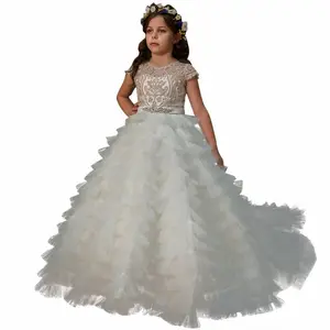 Cupcake Ball Gowns Tulle Train Little Girls Pageant Party Dresses Lace Appliqued Flower Girls Gowns