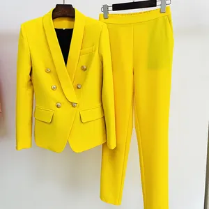 EN STOCK plus récent 2022 Designer mode costume ensemble femmes Double boutonnage Lion boutons col châle Blazer pantalon costume