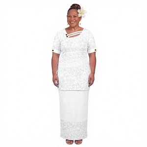Puletasi Samoan pour femmes, style tribal polynésien, design élégant Plumeria, boutons en noix de coco, polyester blanc - Product Image 2