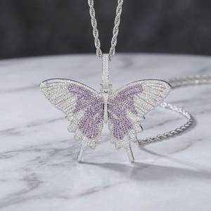 Colgante de Moissanita Mariposa Morada con Micro Pavé, Collar Chapado en Rodio y Plata, Joyería Hip Hop para Fiesta, Regalo - Product Image 1