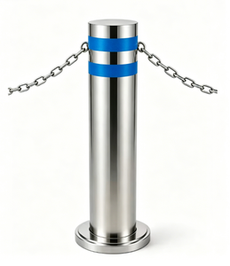 Borne de sécurité en acier inoxydable 304 avec chaîne et bande réfléchissante bleue pour parcs d'attractions et espaces publics - Product Image 1