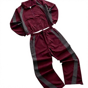 Men's <b>Red</b> Black Color Blocked Tracksuit Set Full Zipper Stand Collar Sporty Style Regular Fit Autumn Wear With Side Pockets - Product Image 1