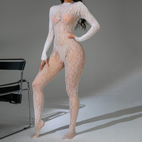 Witte zijden mesh bodysuit voor dames, lange mouwen, transparant, sexy lingerie, nylon kousen, strakke jumpsuit