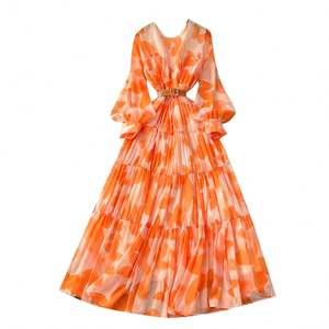 Vestido Midi Casual de Verano 2025 con Cuello Redondo y Manga Linterna para Mujer, Estampado con Encaje y Estilo Túnica Romana - Product Image 5