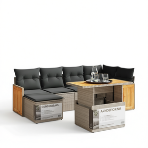 Ensemble de canapés de jardin Gundeiora 6 places en rotin, mobilier d'extérieur résistant aux intempéries, design contemporain, structure en teck - Product Image 1