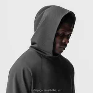 New Custom High Quality Cotton Polyester Mesh Hooded No String Blank Drop Shoulder French Terry Men Raw Hem Cropped Boxy Hoodie