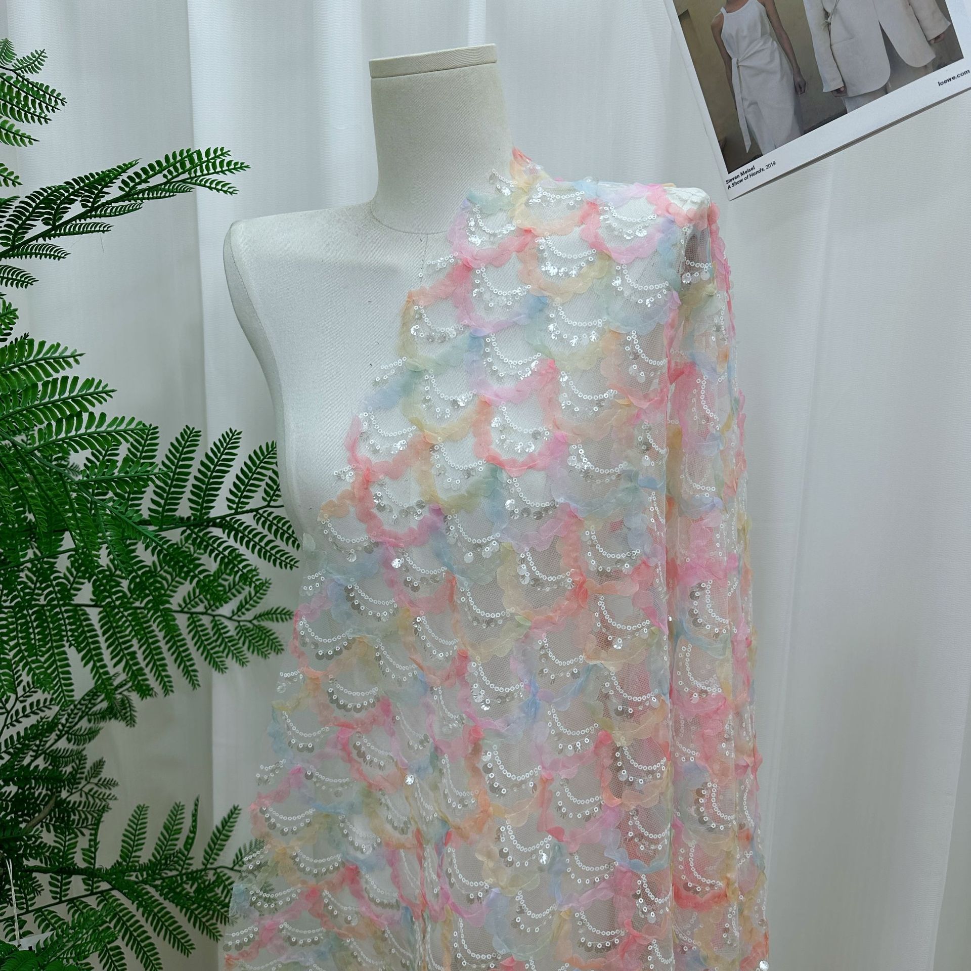 New Arrival 3D Floral Embroidery Fabric Fish Scale Sequin Fabric Elegant Mermaid Glitter Tulle Mesh Fabric for Women's Dress