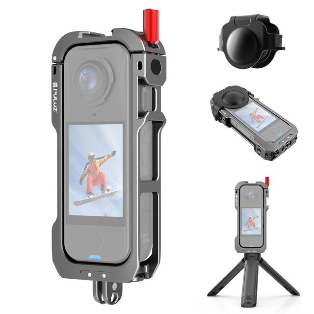 PULUZ Metal Camera Cage for Insta360 X4 Air Tripod Mountable Handle Camera Cage with Cold Shoe & Lens Cover