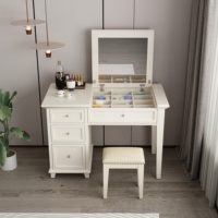 Coiffeuse moderne minimaliste éclairée avec miroir rabattable, en bois massif blanc, pour la maison, la chambre et l'appartement