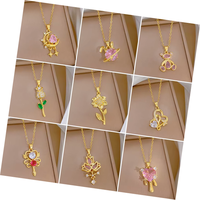Kalung Liontin Baja Anti Karat Lapis Emas 18K dengan Hiasan Bunga, Kerang, Hati, Salib, Kupu-kupu, Anti Luntur, Perhiasan untuk Wanita